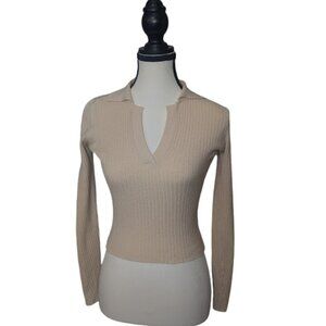 VRG GRL Ribbed Collared Knit Top | Neutral Beige Long Sleeve Minimalist Sweater